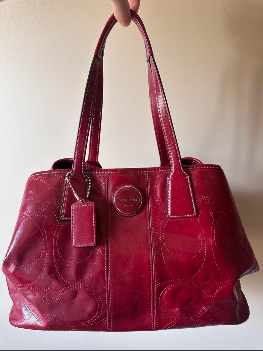 Coach Cherry Red Leather Tote with Signature Stitching